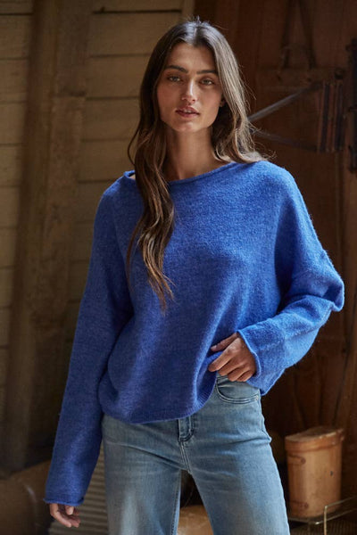 W2114 | Knit Sweater Rolled Round Neck Pullover Top