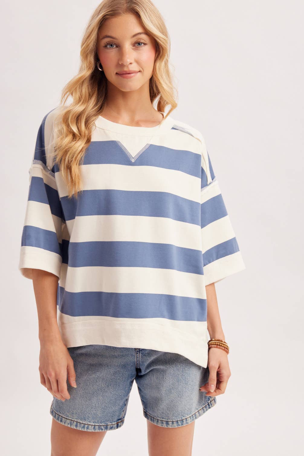 STRIPE OVERSIZED CREW NECK KNIT T-SHIRT TOP