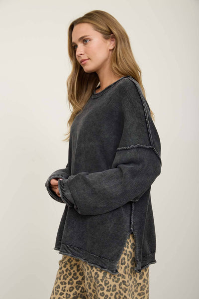 WASHED RAW EDGE CREW NECK DROP SLEEVE SWEATER