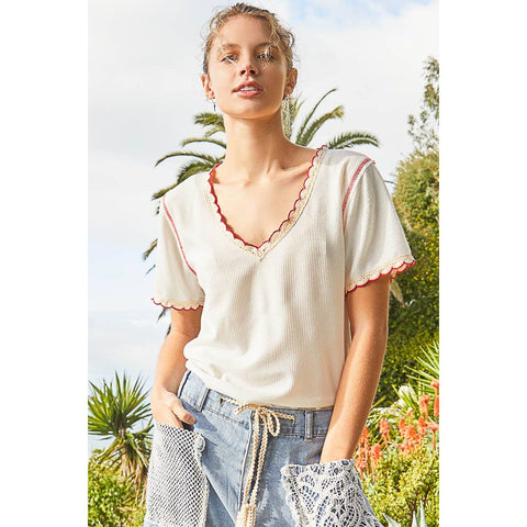 Colored trim v-neck short sleeve solid basic knit top