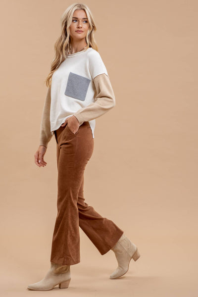 COLORBLOCK RAW EDGE LONG SLEEVE KNIT SWEATER