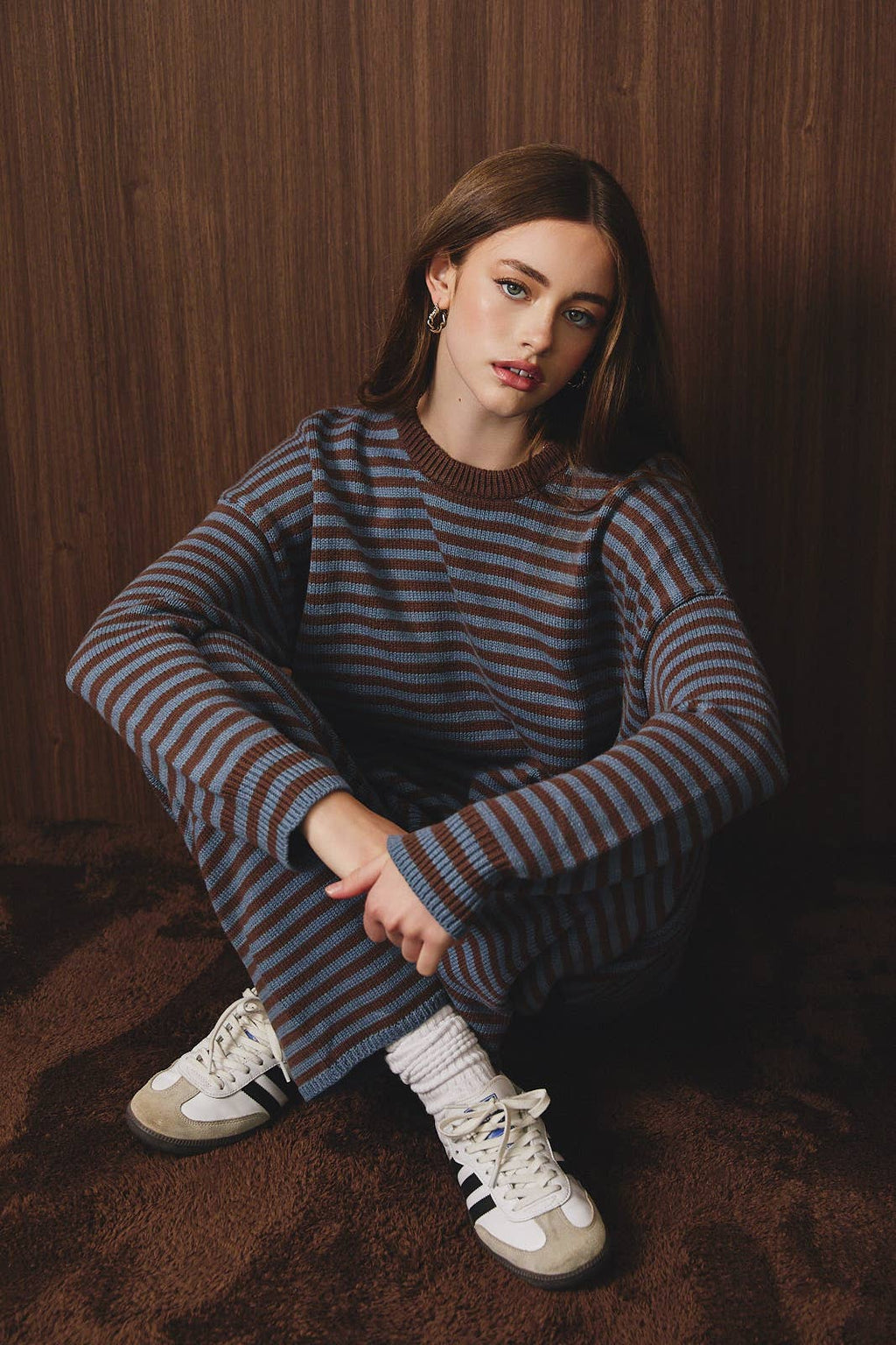 CREW NECK STRIPE SWEATER & WIDE LEG PANTS
