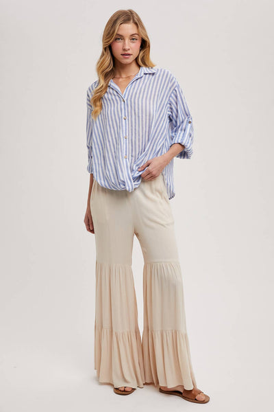 STRIPED BUTTON DOWN KNOTTED FRONT SHIRT