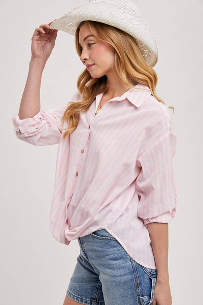 STRIPED BUTTON DOWN KNOTTED FRONT SHIRT
