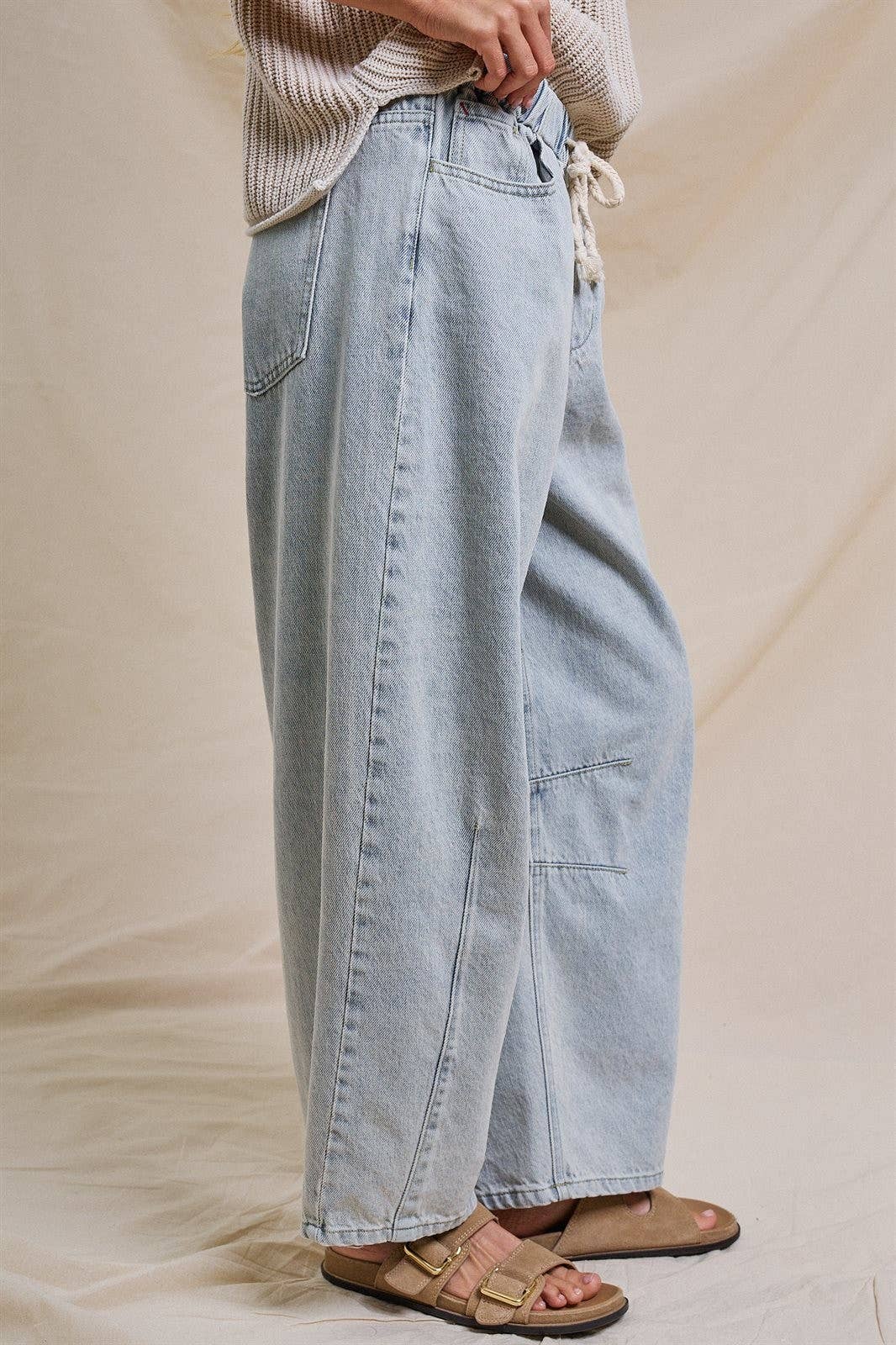 Relaxed Drawstring Barrel Denim Pants