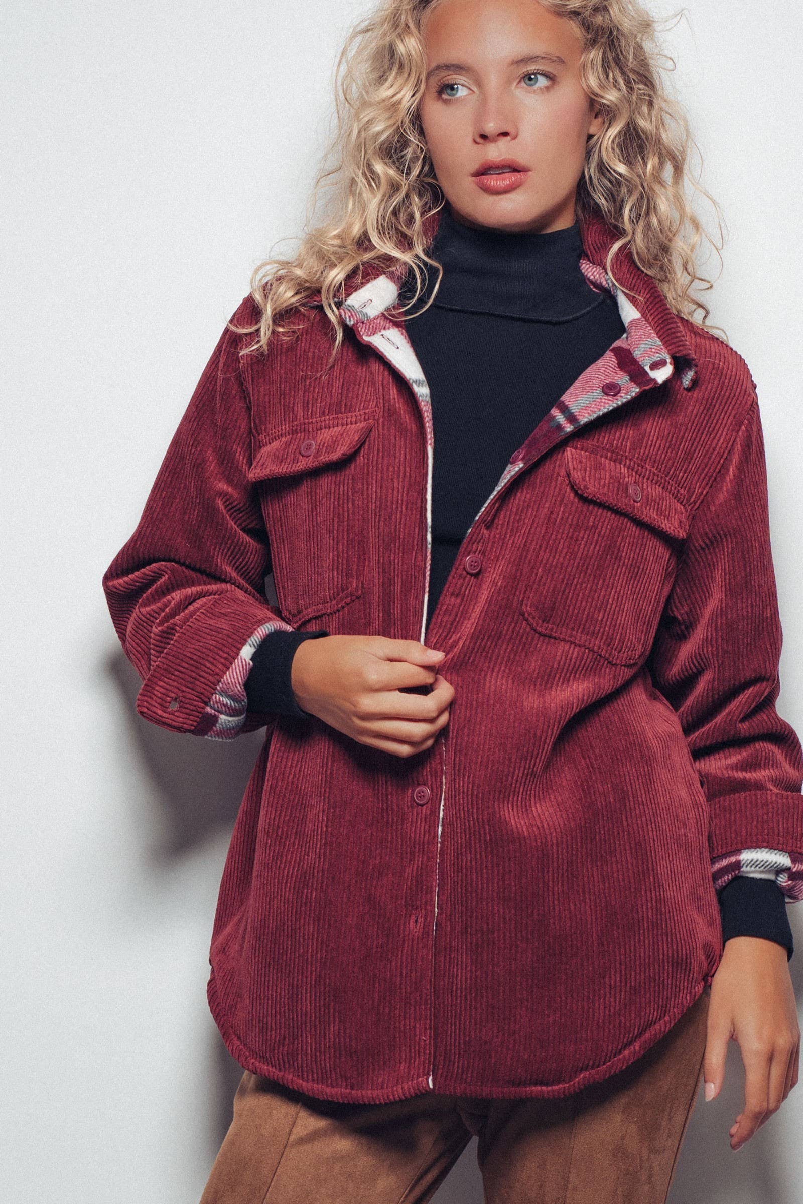 Plaid Lined Corduroy Flannel Shacket