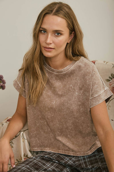 WASHED SHORT SLEEVE BOXY KNIT TOP