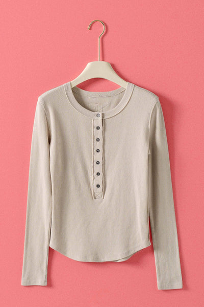 Ribbed Henley Long Sleeve Top