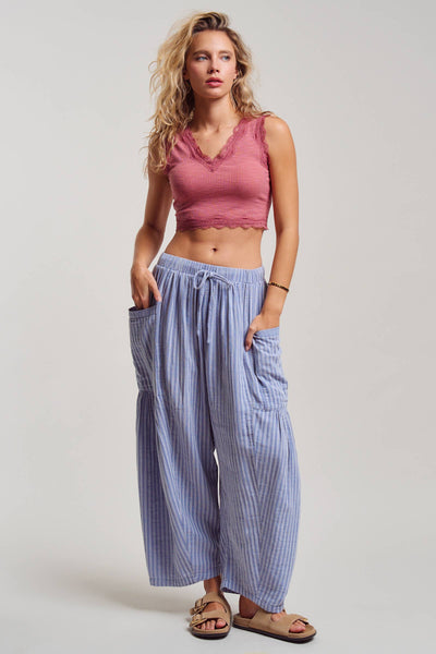 Striped Cotton Drawstring Harem Pants