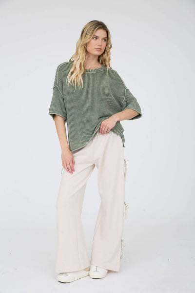 WASHED CREW NECK RAW EDGE SHORT SLEEVE SWEATER