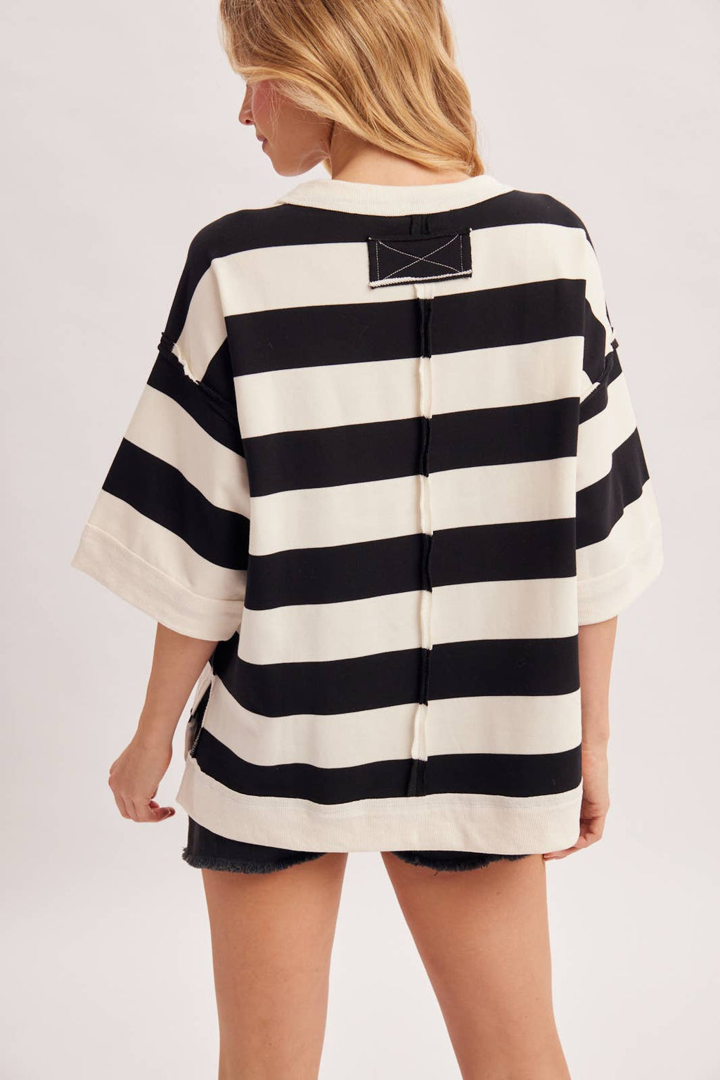 STRIPE OVERSIZED CREW NECK KNIT T-SHIRT TOP