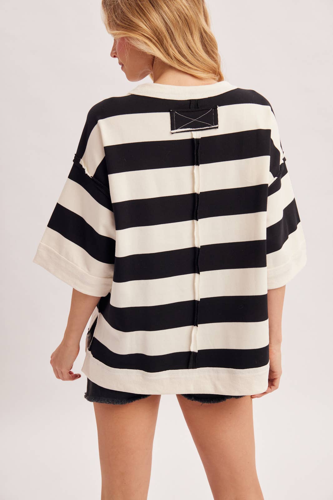 STRIPE OVERSIZED CREW NECK KNIT T-SHIRT TOP