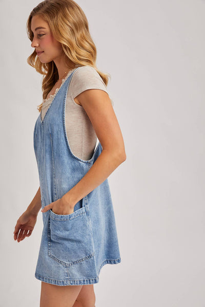 DENIM WASHED OVERALL POCKET DRESS