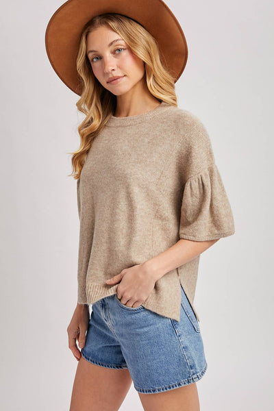 GATHERED SHORT SLEEVE BOXY KNIT SWEATER TOP