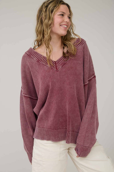 WASHED V NECK LONG SLEEVE OVERSIZED KNIT SWEATER