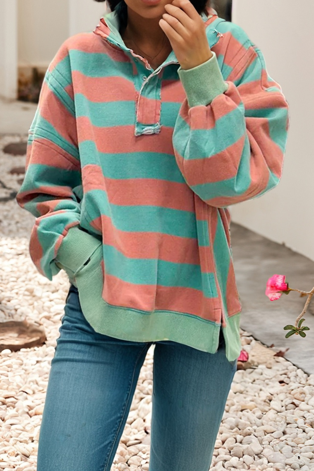 LDC Stripe Colorblock Split Collar Long Sleeve Top