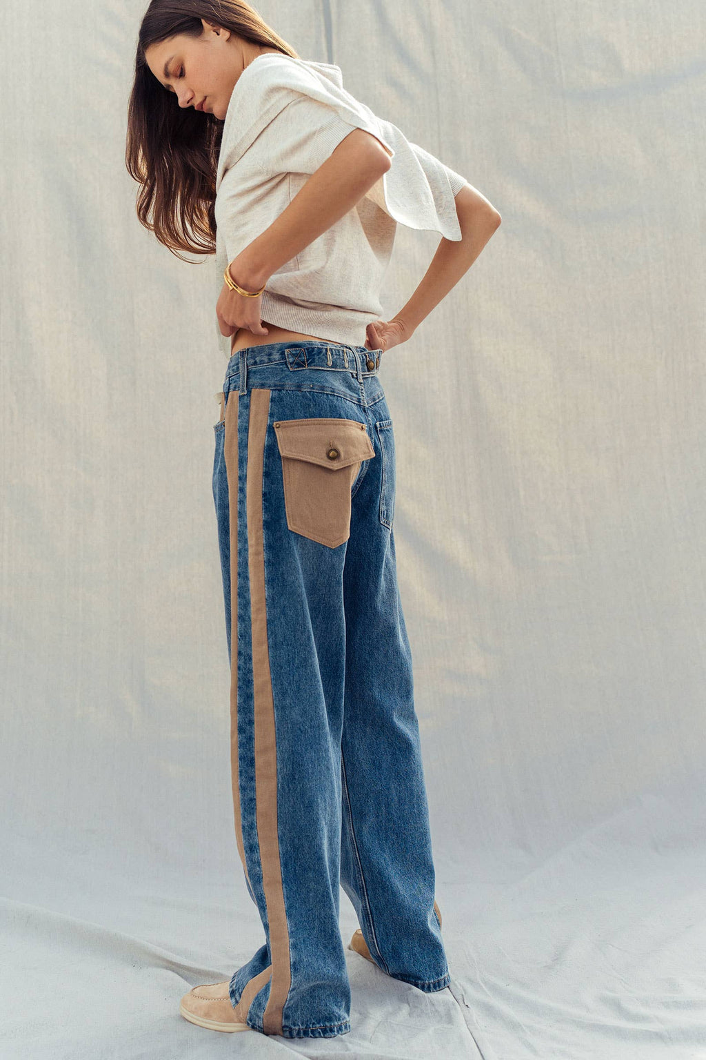 Wide-Leg Utility Stripe Denim Jeans