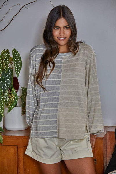 RJ2577 | Knit Cotton Ribbed Striped Half Contrast Top