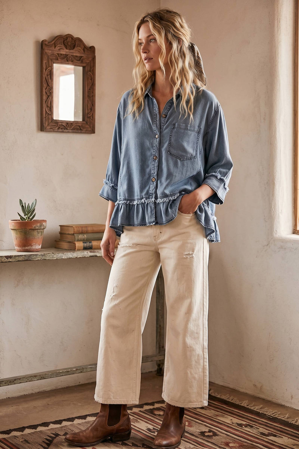 Mineral Washed Tencel Ruffle Hem Shirt
