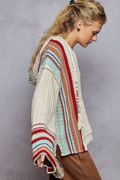 V neck striped pattern pocket detail chenille hoodie sweater