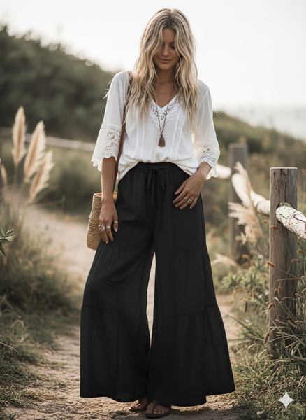 Linen Blend Tiered Wide Leg Palazzo Full Length Pants