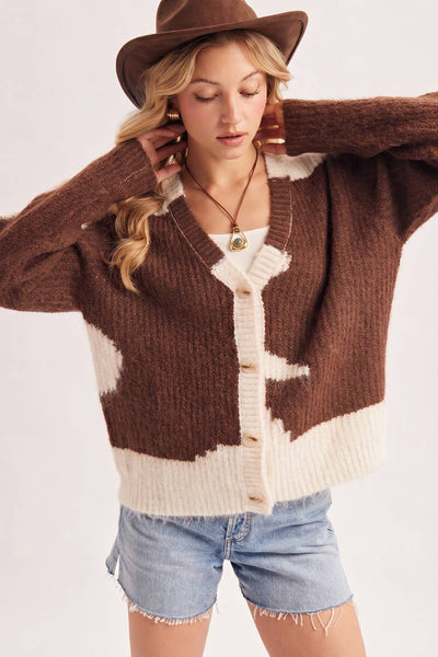 COWHIDE COLORBLOCK BUTTON DOWN FUZZY KNIT SWEATER CARDIGAN