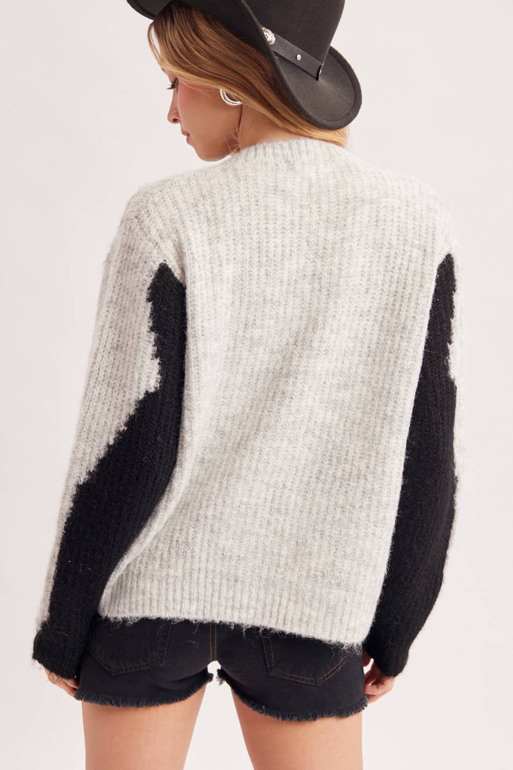 COWHIDE COLORBLOCK BUTTON DOWN FUZZY KNIT SWEATER CARDIGAN