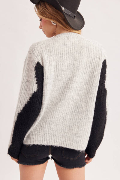 COWHIDE COLORBLOCK BUTTON DOWN FUZZY KNIT SWEATER CARDIGAN