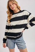 STRIPED BOXY CREW NECK KNIT SWEATSHIRT