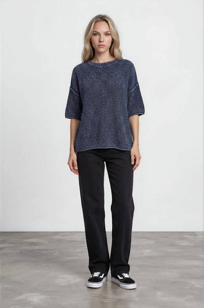 WASHED CREW NECK RAW EDGE SHORT SLEEVE SWEATER