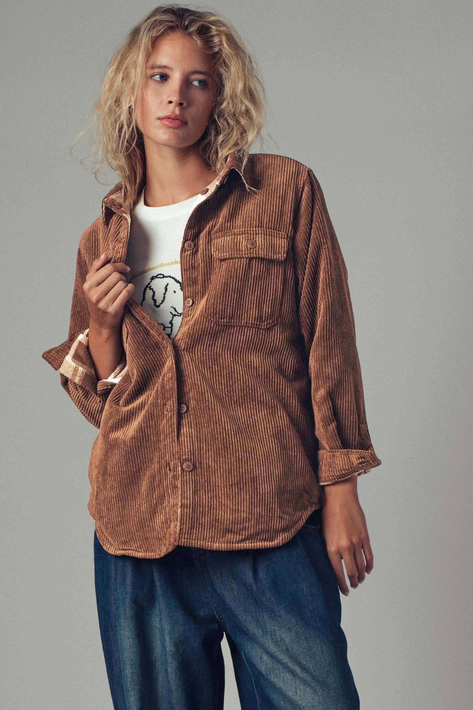 Plaid Lined Corduroy Flannel Shacket