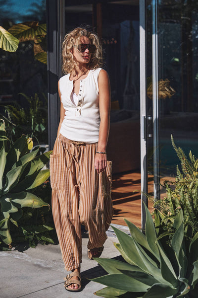 Striped Cotton Drawstring Harem Pants