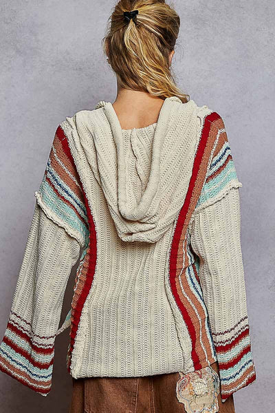 V neck striped pattern pocket detail chenille hoodie sweater
