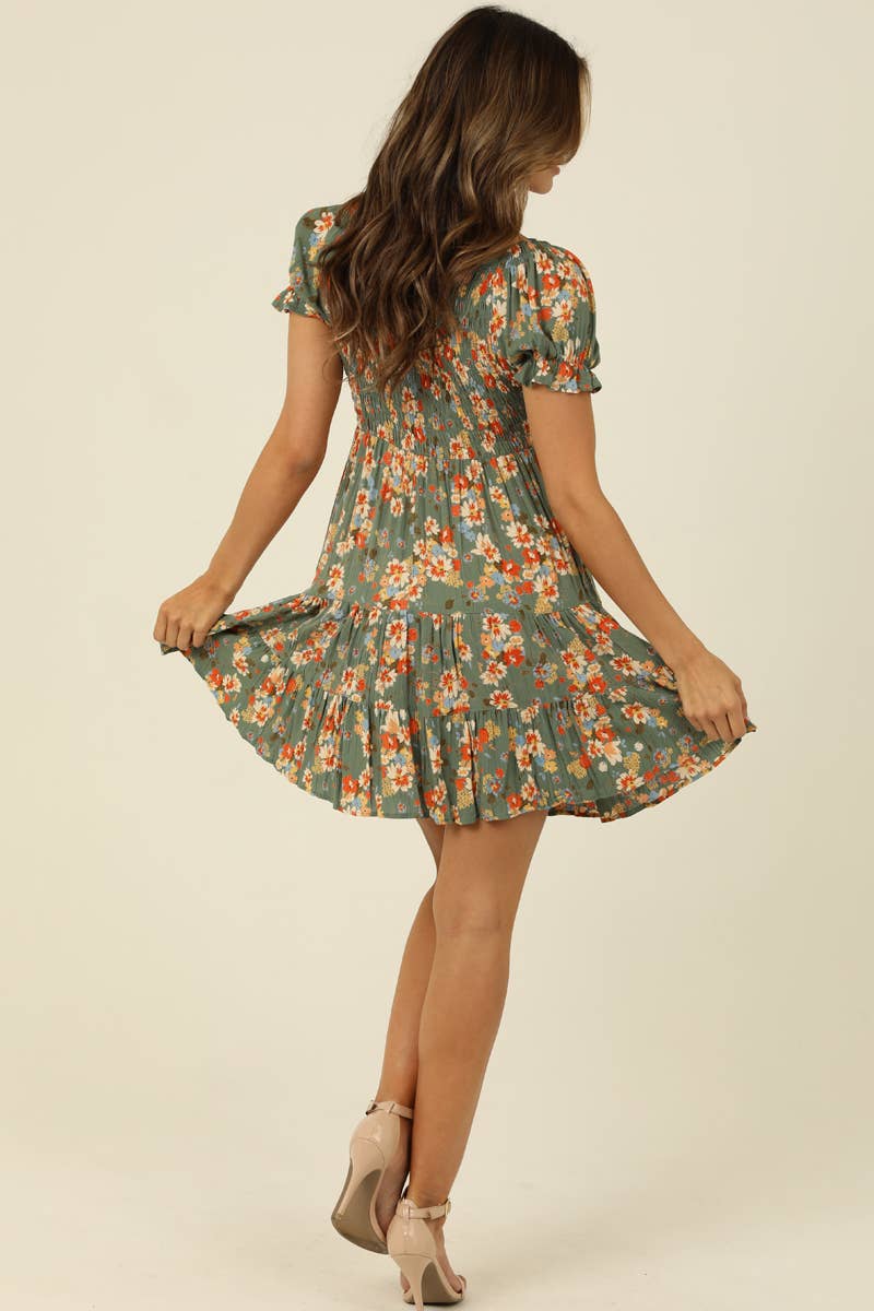 SMOCKED BODICE SHORT SLEEVE DRESS