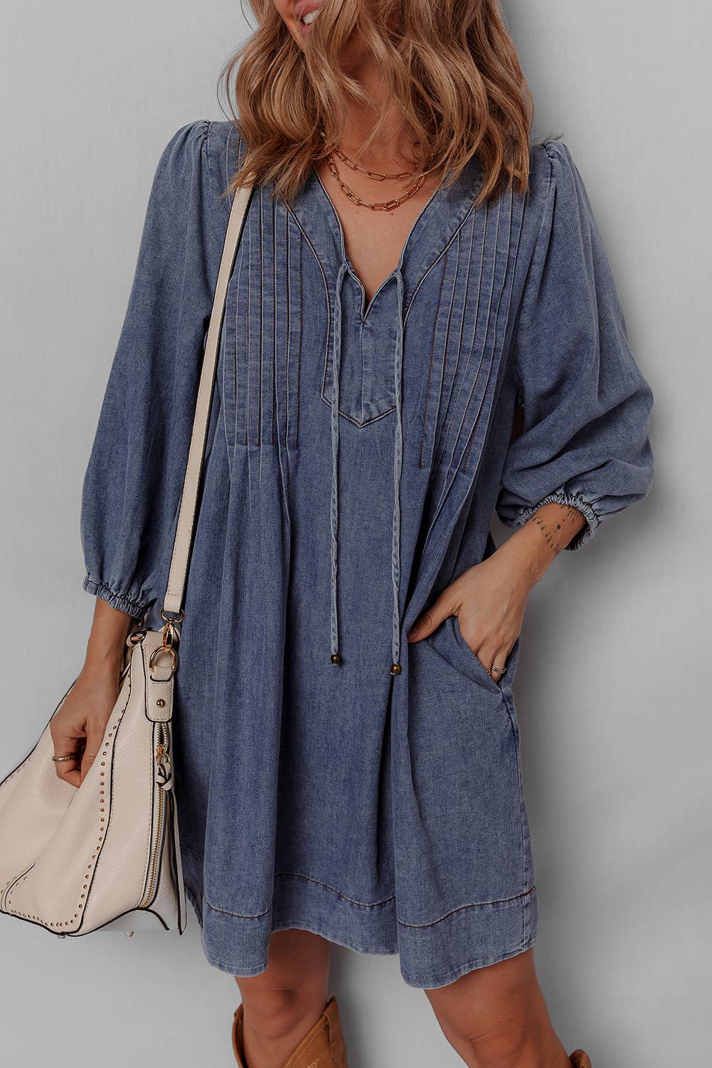 V Neck Pleated Denim Mini Dress