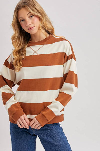 STRIPED BOXY CREW NECK KNIT SWEATSHIRT