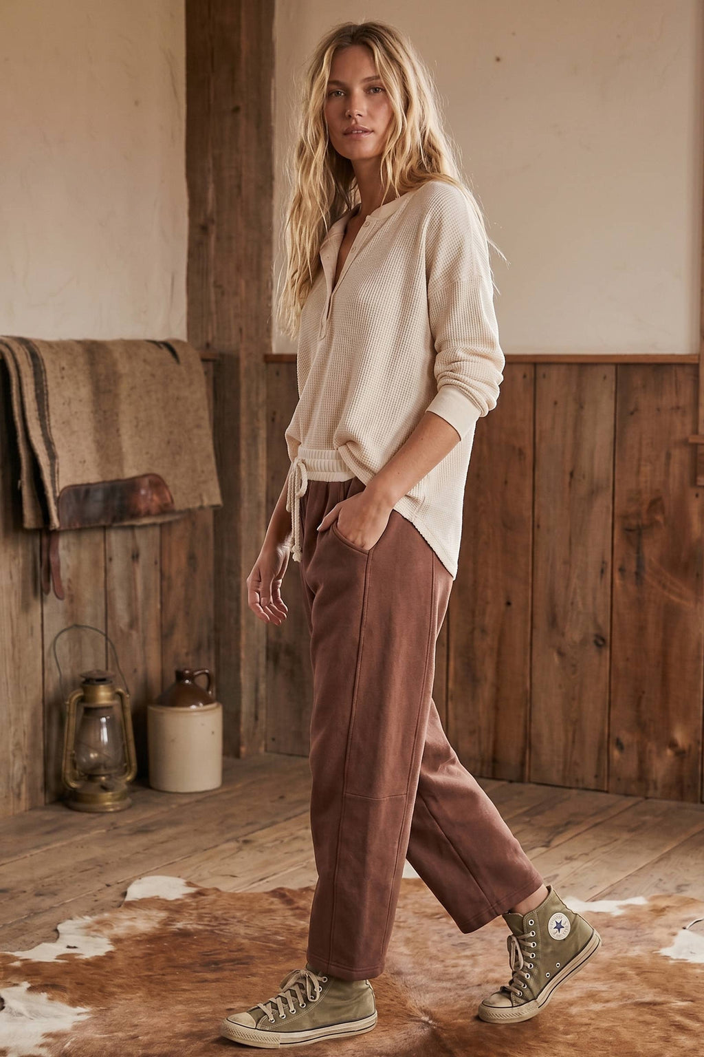 Fleece-Lined Oversized Barrel Leg Drawstring Pants