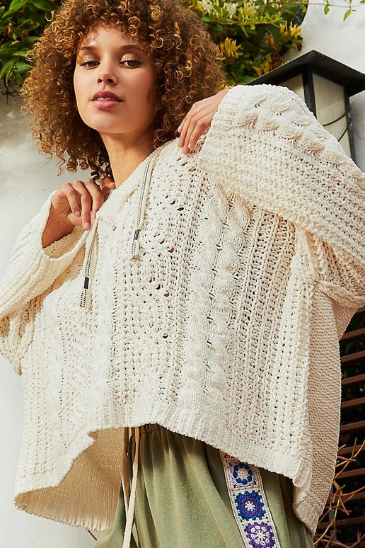 Oversize fit v-neck hooded cable knit chenille sweater
