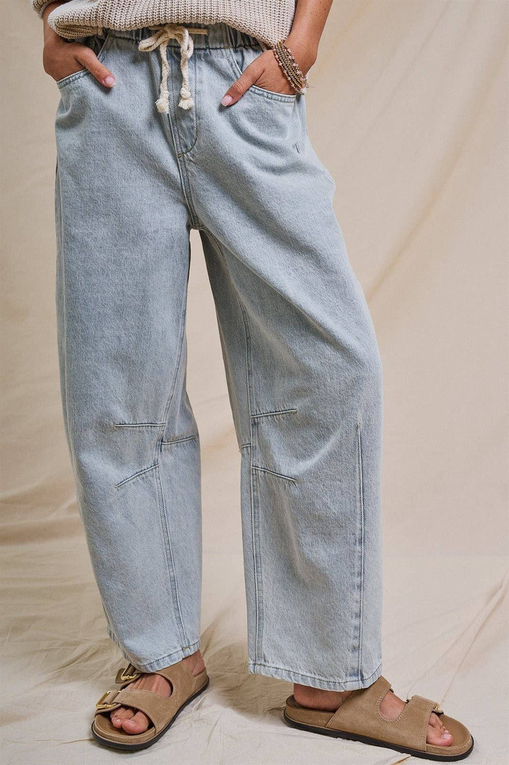 Relaxed Drawstring Barrel Denim Pants