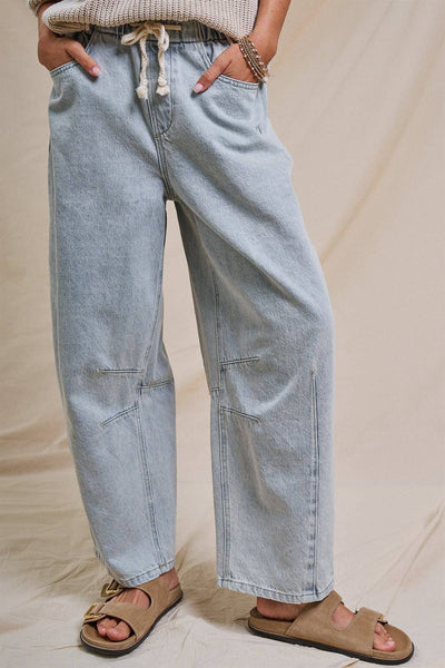 Relaxed Drawstring Barrel Denim Pants
