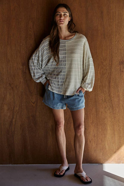 RJ2577 | Knit Cotton Ribbed Striped Half Contrast Top