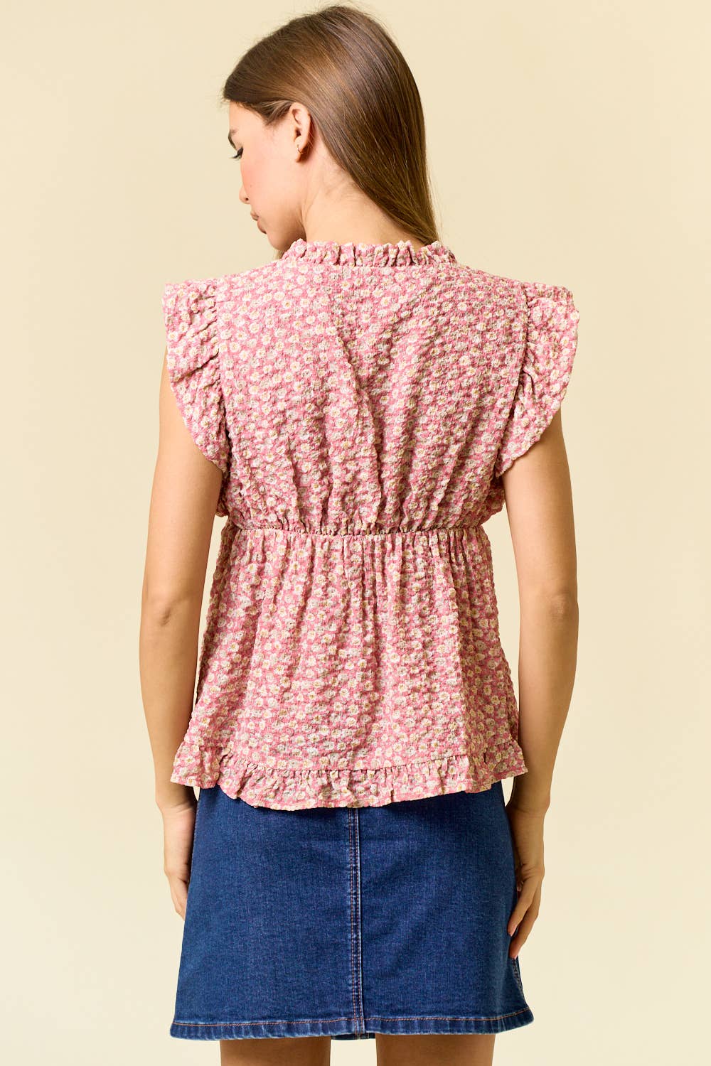 PUFFY FLORAL RUFFLED V-NECKLINE BABYDOLL TOP - 45098T