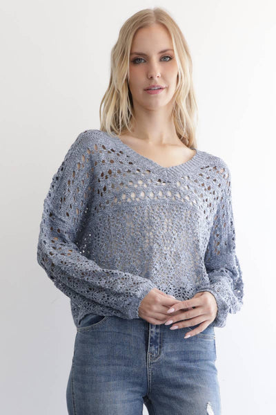OPEN KNIT V NECK PULLOVER SWEATER