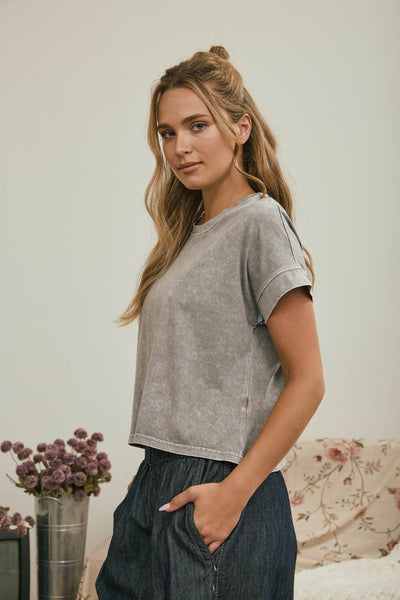 WASHED SHORT SLEEVE BOXY KNIT TOP