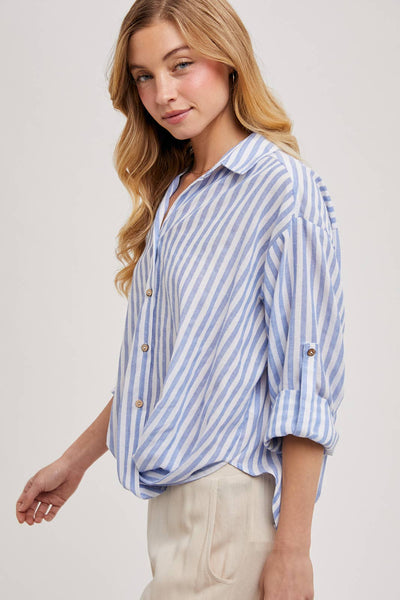 STRIPED BUTTON DOWN KNOTTED FRONT SHIRT