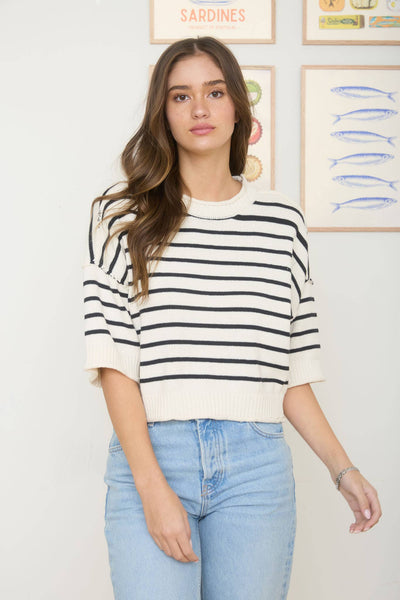 STRIPE RAW EDGE DROP SHOULDER SHORT SLEEVE SWEATER