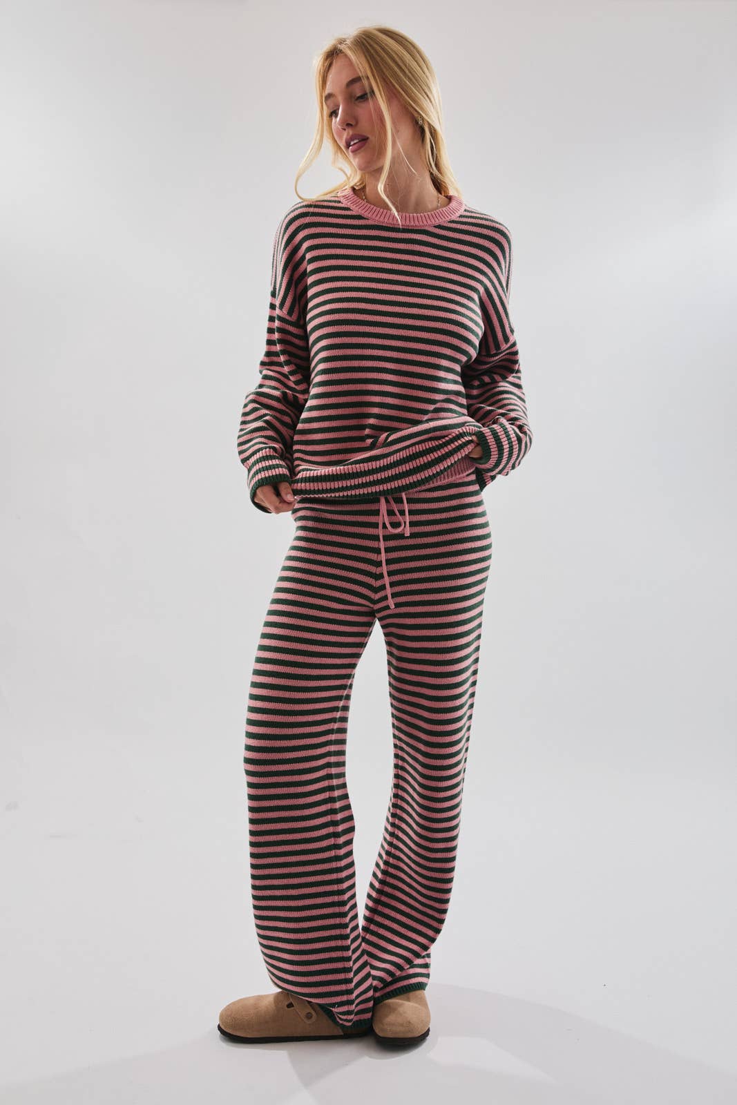 CREW NECK STRIPE SWEATER & WIDE LEG PANTS