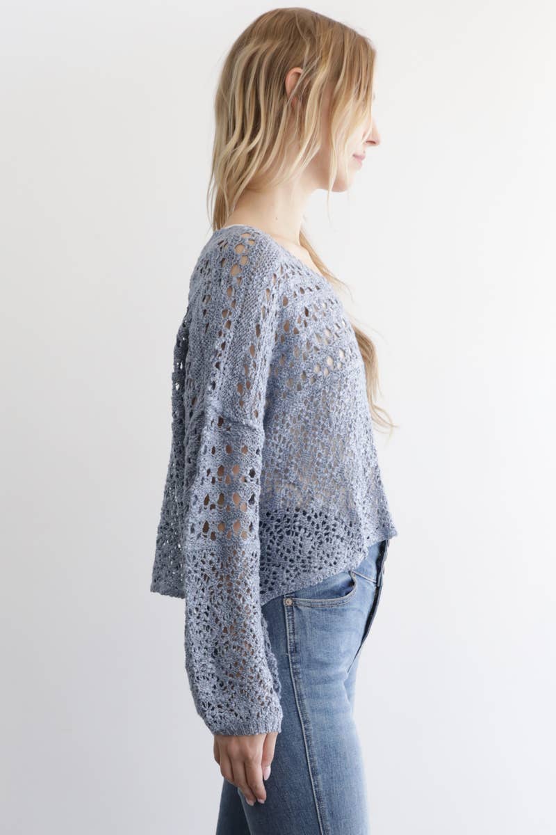 OPEN KNIT V NECK PULLOVER SWEATER