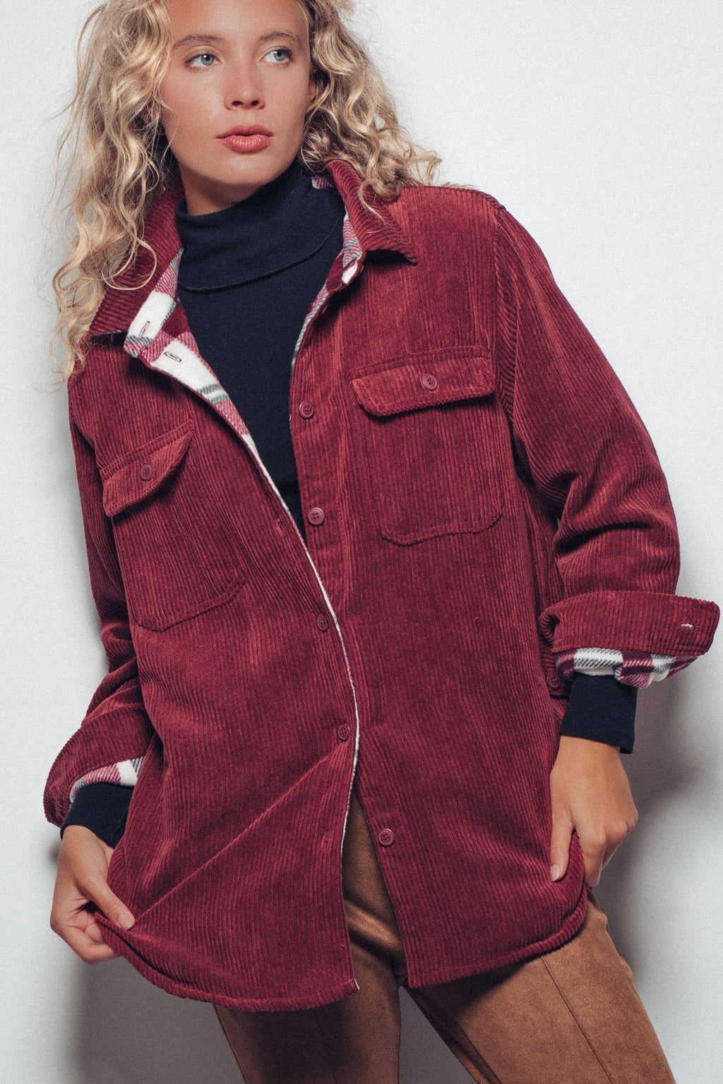 Plaid Lined Corduroy Flannel Shacket