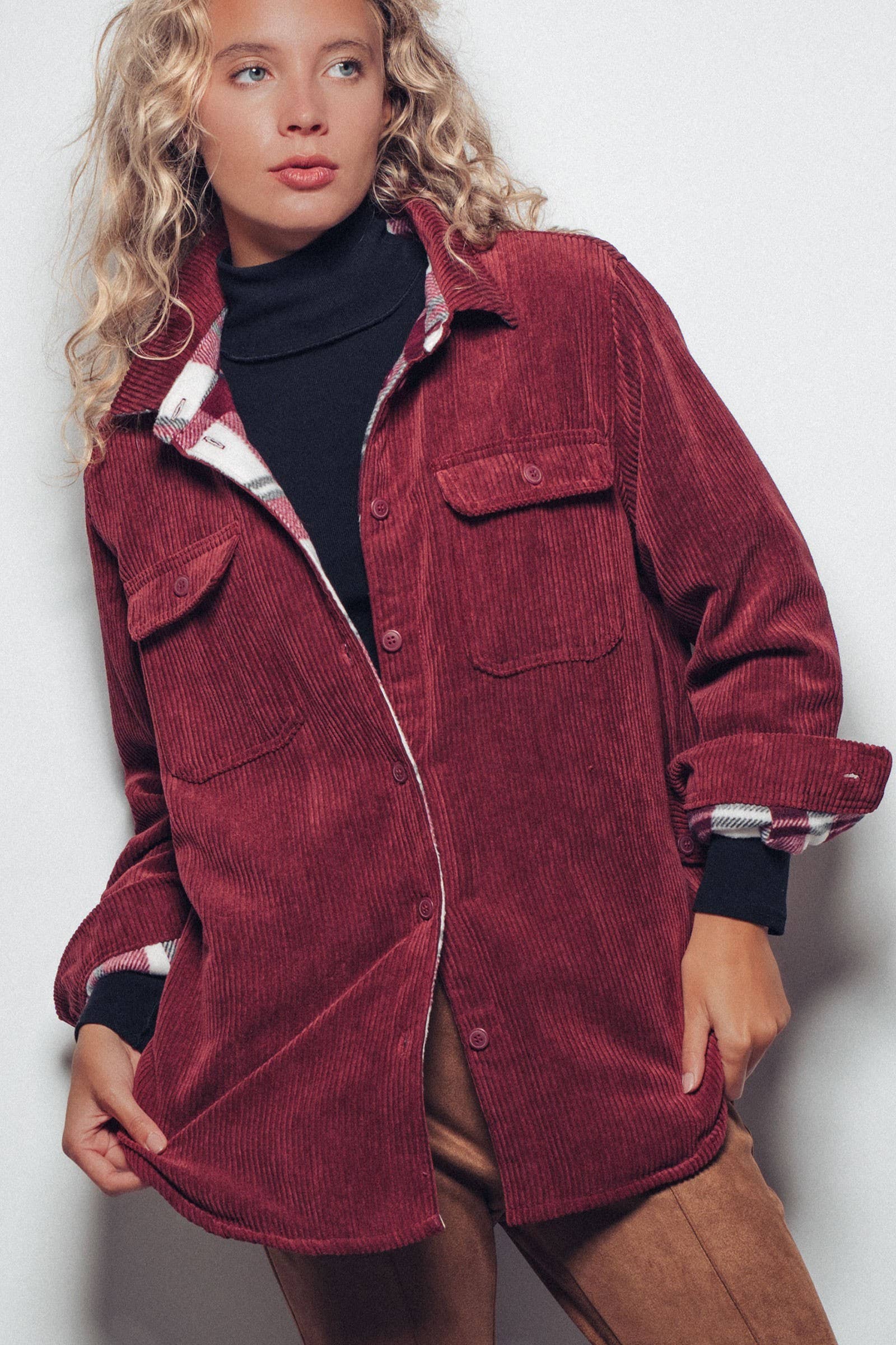 Plaid Lined Corduroy Flannel Shacket